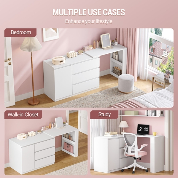 Große Schminktisch mit Schubladen, L-förmiger Eck-Schminktisch, Frisiertisch mit 1 Aufbewahrungsschrank und 2 offenen Ablagefächern, Schlafzimmer, Wohnzimmer, Modern, Weiß Bild 5