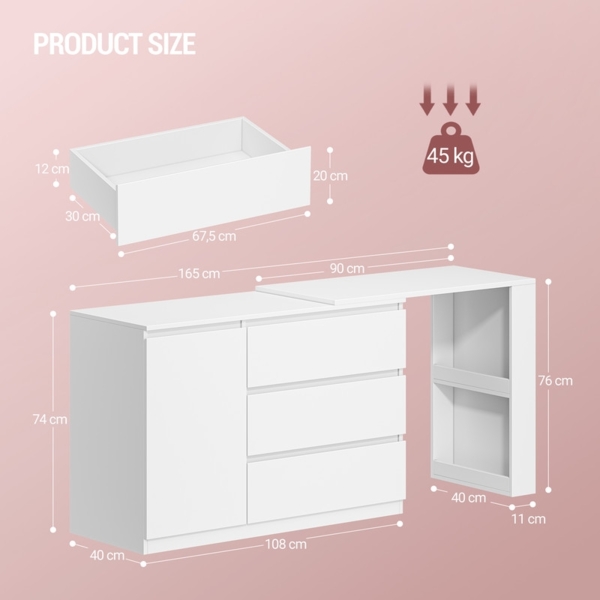 Große Schminktisch mit Schubladen, L-förmiger Eck-Schminktisch, Frisiertisch mit 1 Aufbewahrungsschrank und 2 offenen Ablagefächern, Schlafzimmer, Wohnzimmer, Modern, Weiß Bild 8