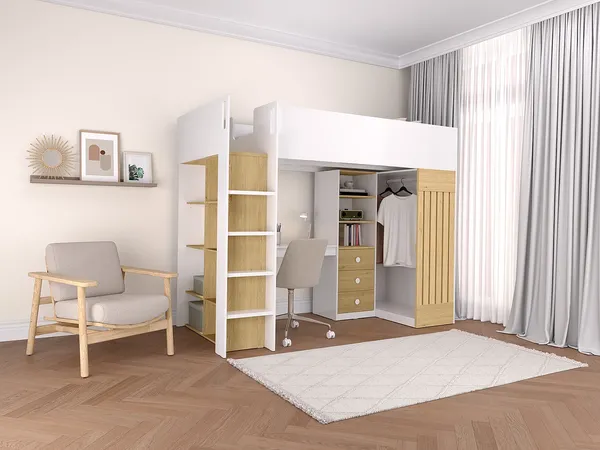 Vente-unique - LORINTI Bett Holz, Platte BeigeWeiß - B 108,5 cm x H 180 cm x L 235 cm