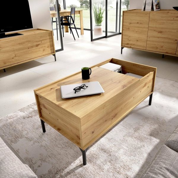 Dmora - Cuna-Couchtisch, Wohnzimmer-Zeitungsständer mit Ablagefach, niedriger hochklappbarer Couchtisch, 99 x 60 x 41 cm, Nodi-Eiche