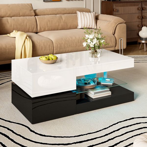 LED-Couchtisch 90x45x35,5 cm mit Glasplatte, Oben weiß und unten schwarz, LED-Beleuchtung steuerbar via App
