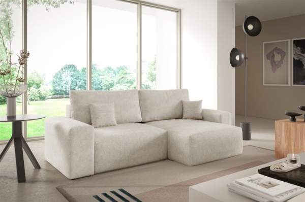 Ecksofa Schlafsofa Sofa ARONA XS in Stoff Centaur Creme Ottomane Rechts
