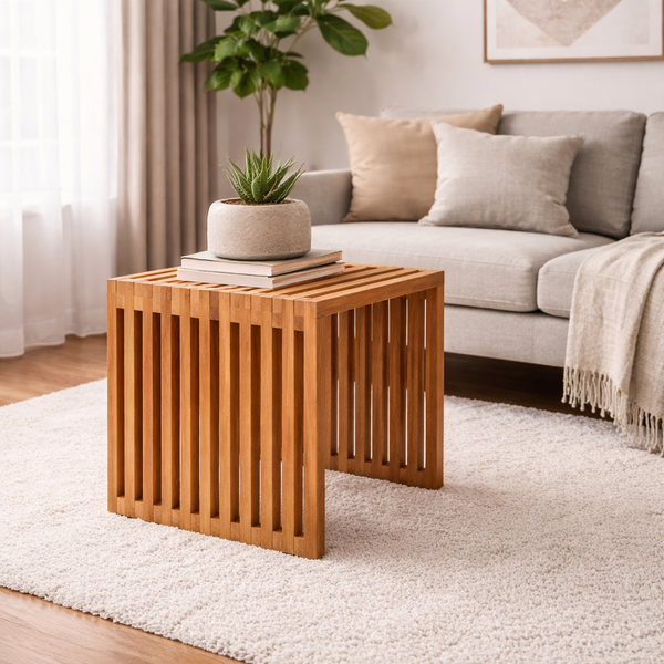 Design Beistelltisch LINETA 40cm natural Teakholz In-/Outdoor Pflanzsäule