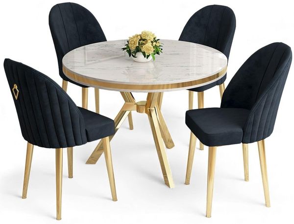 Modernes 5-teiliges Esszimmer-Set mit Tisch und Stühlen, weißer Marmor & Gold, Metallbeine, Babyface-Stoffbezug | Elegantes Glamour-Design