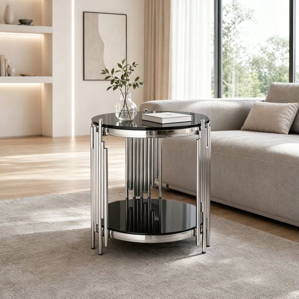 OKWISH Beistelltisch 45 x 45 x 55 cm Runder Glas-Endtisch mit Edelstahlbeinen (Packung, 1-St, Luxuriöser Seitentisch mit Glasplatte für Wohnzimmer), Vielseitig als Nachttisch, Sofatisch & kleiner Bürotisch