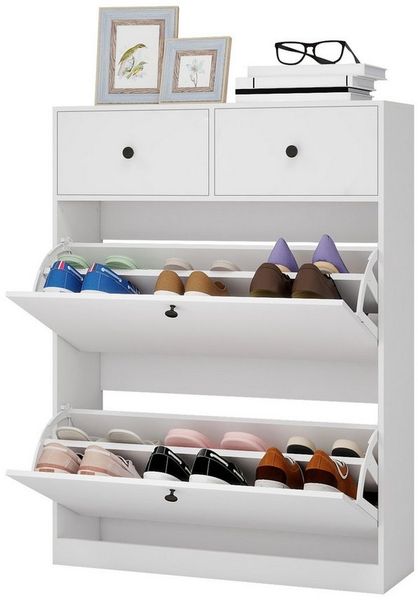 Puluomis Schuhschrank Schuhkipper mit 2 Schublade, 2 Klappen Schuhregal 24x80x106 cm (mit Kippschutz, weiß)