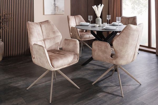 riess-ambiente Polsterstuhl CONCORD champagner greige - Samt, 180° Drehfunktion, Metall, Armlehne (Einzelartikel, 1 St), Federkern-Polsterung & Autoreturn – ideal für Esszimmer & Homeoffice