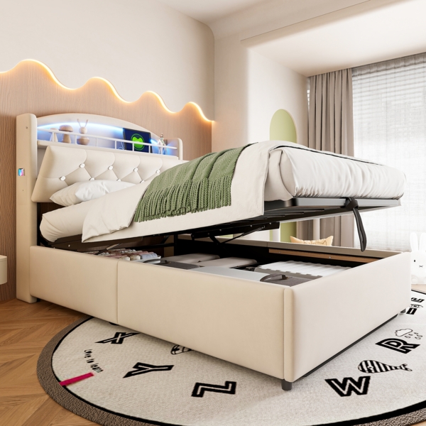 Polsterbett 90x200 cm aus Samt mit Stauraum, LED und USB- und Type-C-Anschlüssen Bild 1