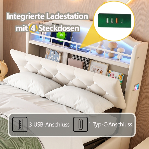Polsterbett 90x200 cm aus Samt mit Stauraum, LED und USB- und Type-C-Anschlüssen Bild 6
