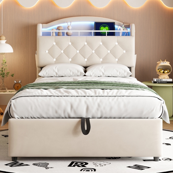 Polsterbett 90x200 cm aus Samt mit Stauraum, LED und USB- und Type-C-Anschlüssen Bild 2
