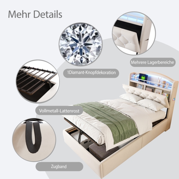 Polsterbett 90x200 cm aus Samt mit Stauraum, LED und USB- und Type-C-Anschlüssen Bild 4