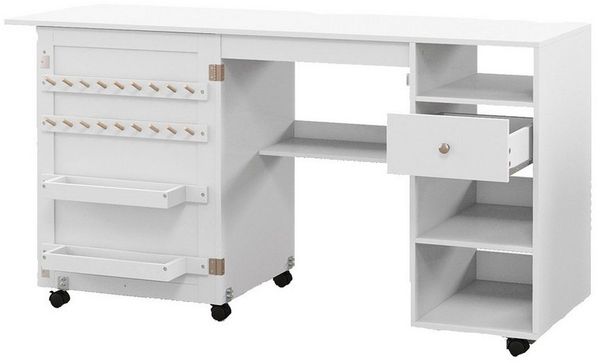 COSTWAY Schreibtisch, 2 in 1 Nähschrank klappbar, mit Ablage, auf Rollen