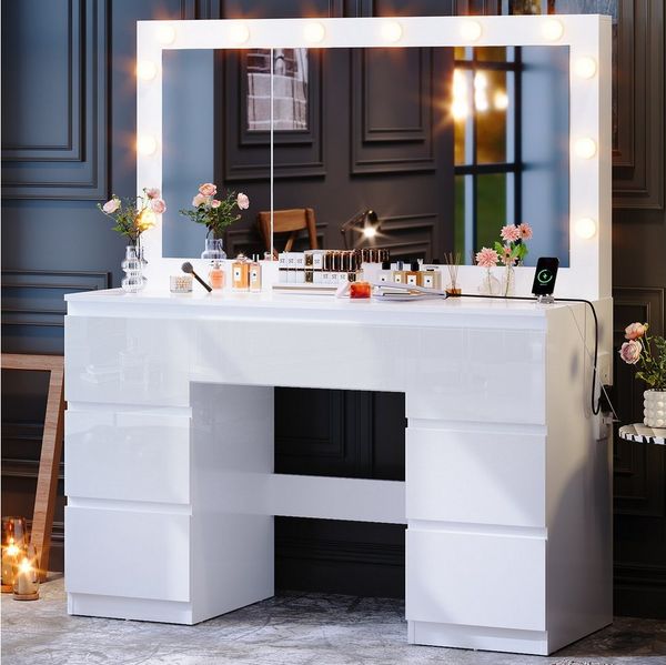 Furnicopia Schminktisch mit 7 Schubladen mit 2 Steckdosen 1 USB-Anschluss 1 Tycp-Anschluss (Größe 120*40*140cm Großer Spiegel 106cm Eingebautes Schmuckkabinett LED-Lichter Einstellbare Farbtemperatur und Helligkeit-ostern geschenke)