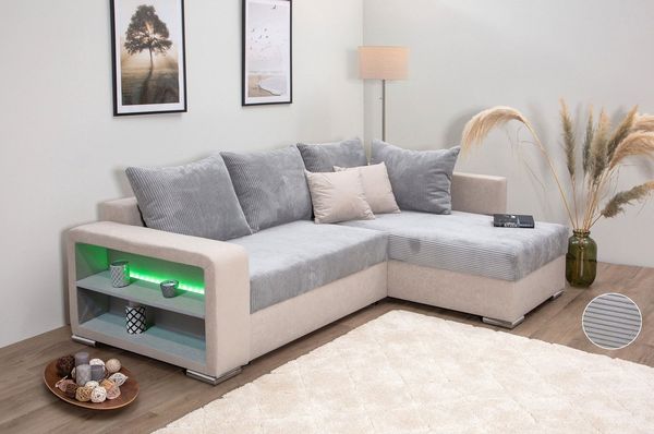 COLLECTION AB Ecksofa L-Form, Regalarmlehne mit LED RGB Beleuchtung,Bettfunktion und Bettkasten