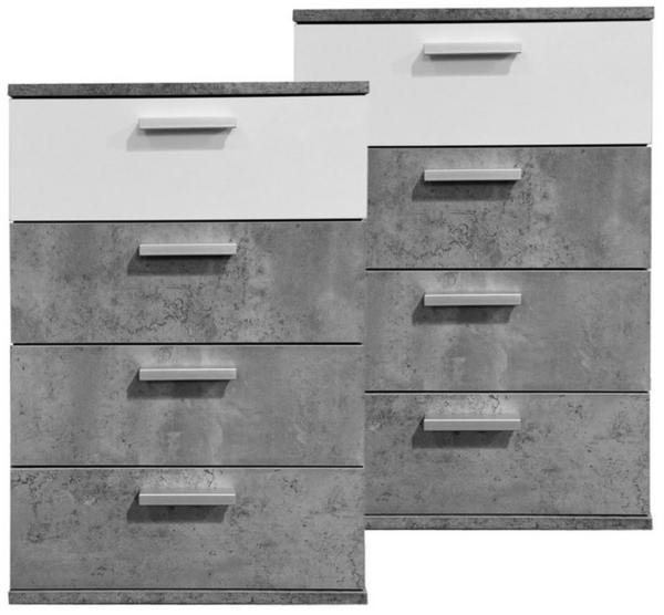 HTI-Living Nachtschrank Nachtkommode 4 Schubladen Nina Beton Weiß 2er-Set (Set, 2-St, 2 Nachtschränke) Nachtschrank Nachttisch