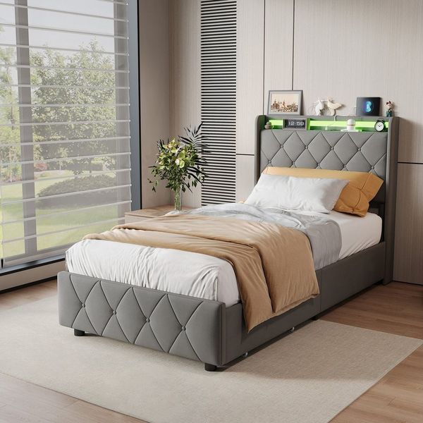 ADWOLT Stauraumbett Polsterbett mit Lattenrost und LED-Beleuchtung, Jugendbett 90x200 cm mit USB&Type-C,Kinderbett mit 2 Schubladen,Grau
