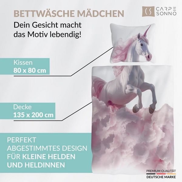 Carpe Sonno Kinderbettwäsche 135 x 200 Mädchen Einhorn Kinder Bettwäsche Pferd Lila Rosa Baumwolle, Renforcé, 2 teilig, OEKO-TEX Bettbezug 135x200 mit Reißverschluss - Unicorn