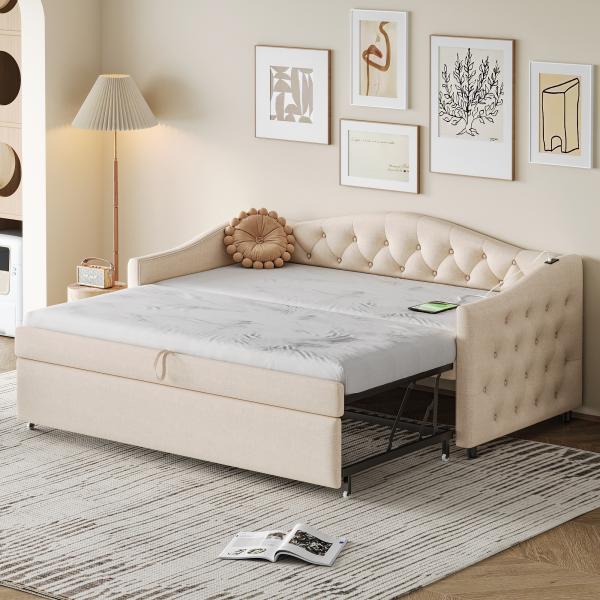 Merax Polsterbett Ausziehbares Schlafsofa, 90*200 cm, Mit USB-Anschluss, Klassische Form mit Knöpfen mit Lattenrost, Multifunktionsbett - Gästebett, Leinenstoff, Beige