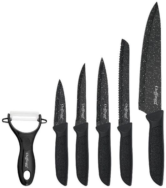 6-teiliges Messer-Set mit Schäler in Schwarz - vielseitig & ergonomisch