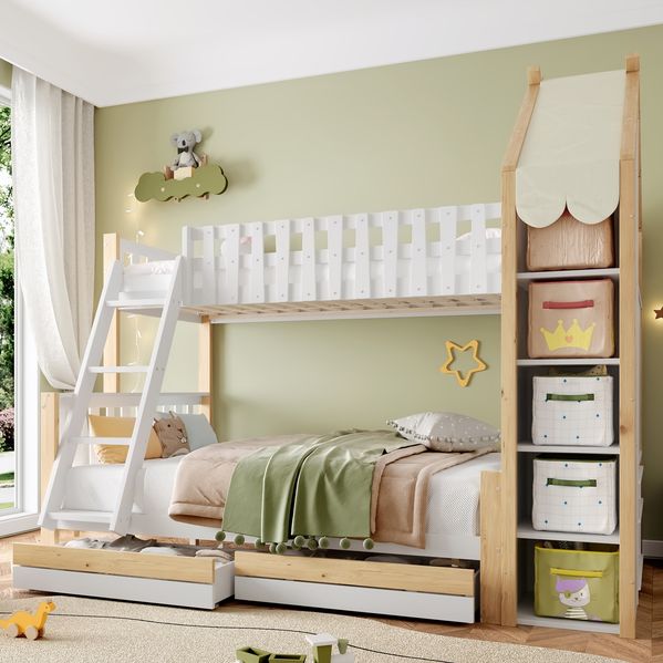 Bett 90x200 cm+140x200 cm mit Stauraum und Hausbaldachin – Weiß/Natur