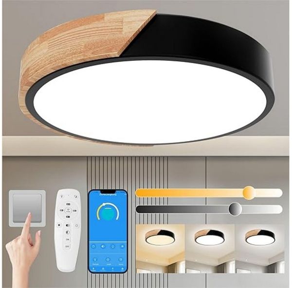 POPOLIC LED Deckenleuchte 24-W-moderne Leuchte, Deckenleuchte Holz, dimmbare Decke 3000k-6000k, ferngesteuerte LED-Deckenleuchte, für Wohnzimmer und Flur, Schwarz