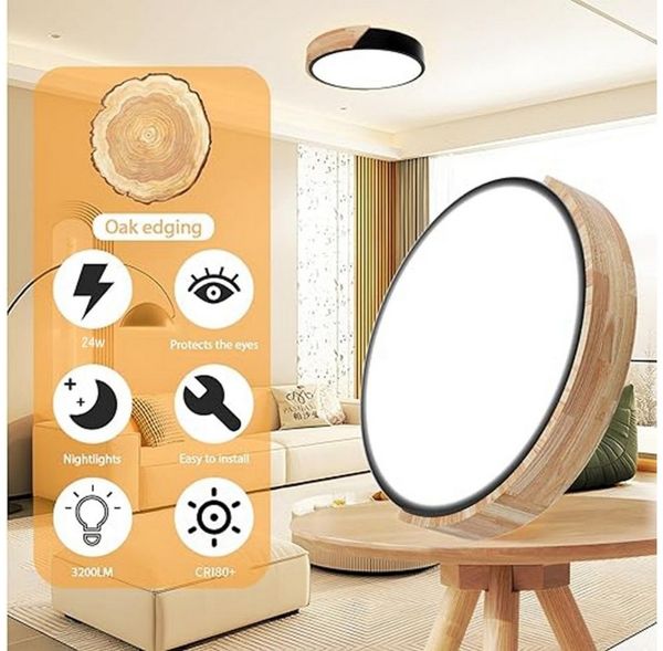 POPOLIC LED Deckenleuchte 24-W-moderne Leuchte, Deckenleuchte Holz, dimmbare Decke 3000k-6000k, ferngesteuerte LED-Deckenleuchte, für Wohnzimmer und Flur, Schwarz Bild 4