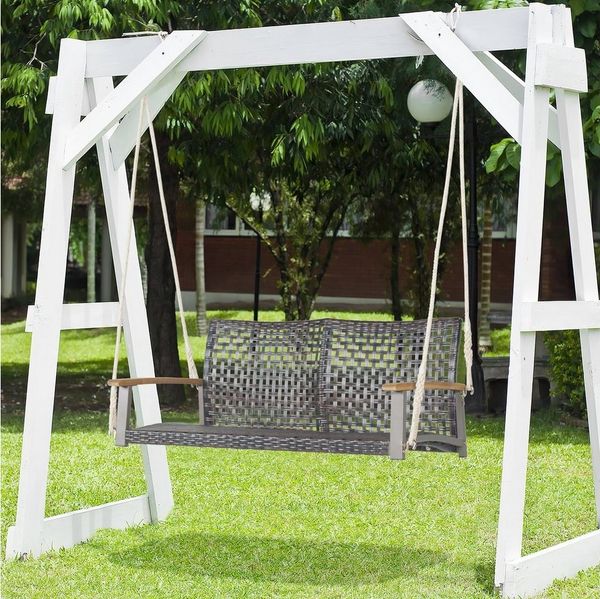 COSTWAY Schaukelbank 2-Sitzer, Hängebank PE-Rattan, Gartenschaukel zum Aufhängen, Hollywoodschaukel mit Akazienholz-Armlehnen, 360 kg Belastbarkeit, Schaukel für Terrasse & Garten & Balkon