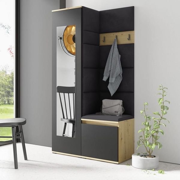 Garderoben-Set Iga, Moderner Kleiderschrank mit Polsterplatten und Schuhschrank – Ideal für Flur und Eingangsbereich (Artisan/Schwarz, Trinity 16), 185 x 40 x 95 cm