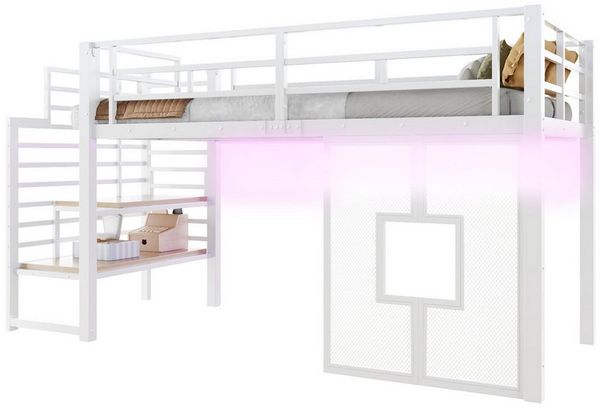 REDOM Hochbett Kinderbett,Funktionsbett,Einzelbett (mit Stauraumtreppe, LED-Beleuchtung & Fensterdesign, 1-St, 257 x 98 x 128)