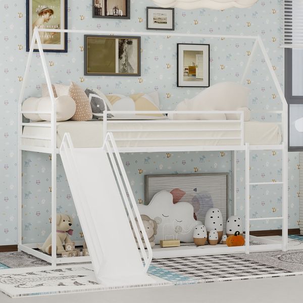 Etagenbett mit Rutsche Spielhaus Design – Kinderhochbett Metall,2-Schläfer mit Sicherheitsgeländer,platzsparend,Weiß