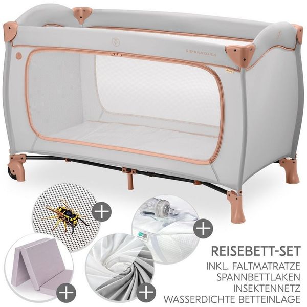 Hauck Baby-Reisebett Sleep N Play Go Plus XXL Set - Dusty Cork, Kinder Reisebett mit Matratze, Spannbettlaken & Insektenschutz faltbar