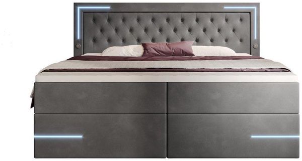 Boxspringbett Carlotta mit LED, Stauraum und USB (Samt) 140x200 Grau H4 (100kg+)