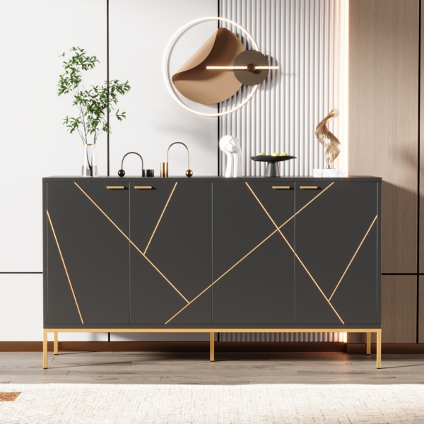Merax Sideboard mit vier Türen, Metallfüßen, TV-Schrank, Kleiderschrank, geradliniges Design mit Metalllinien-Dekor, Schwarz+Golden