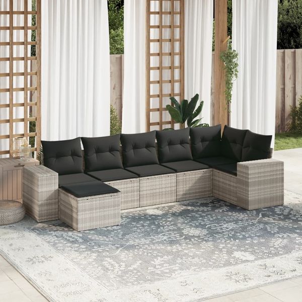 vidaXL 7-tlg. Garten-Sofagarnitur mit Kissen Hellgrau Poly Rattan 3222881