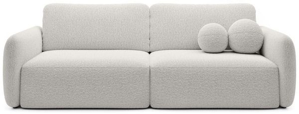 Goldstoff Schlafsofa Boo mit Bouclé-Stoff Designer Couch - modernes Sofa, Dekorative runde Kissen, ausziehbare Liegefläche