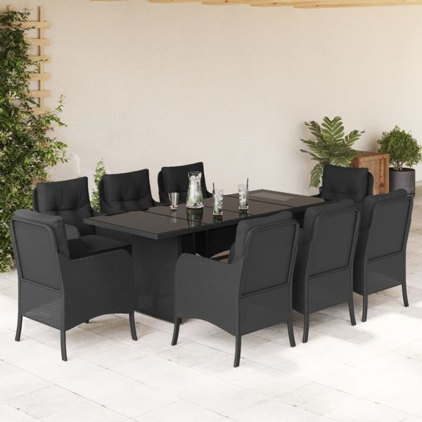 vidaXL 9-tlg. Garten-Essgruppe mit Kissen Schwarz Poly Rattan 3211881
