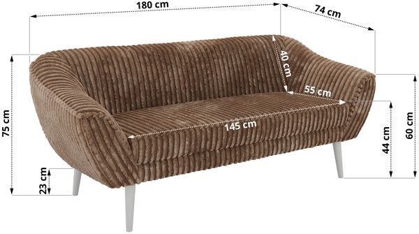 Sofa, Wohnzimmersofa PIRS 3, Skandinavisches Sofa 3-Sitzer, Sofa mit Wellenfederung, weiße Füße, Breite 180 cm Hoher Sitzkomfort - Braun Cord Bild 5