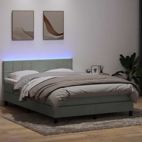 vidaXL Boxspringbett mit Matratze & LED Hellgrau 160x220 cm Samt 3316935