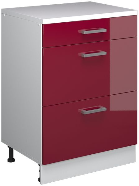 Küchenschrank für Dachschrägen R-Line Rot Hochglanz 60 cm ohne Schräge mit 3 Schubladen Vicco