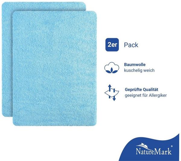 NatureMark Spannbettlaken Frottee Spannbettlaken, 80% Baumwolle / 20% Polyester, Gummizug: rundum, (2 Stück), 2er Set Kinder Spannbettlaken Frottee, Spannbetttuch 80% Baumwolle / 20% Polyester, für Babybett und Kinderbett, 70x140 cm - Hellblau