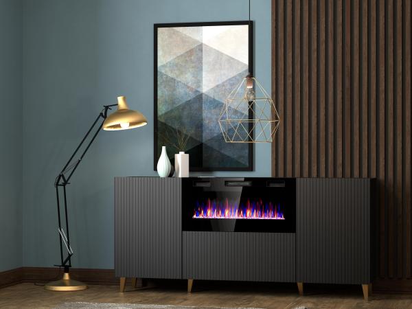 Domando Sideboard Carducci M3 Modern Breite 182cm, edel gefräste Fronten, Elektrokamin mit Farbwechsel, Dimmer und Timer in Schwarz Matt