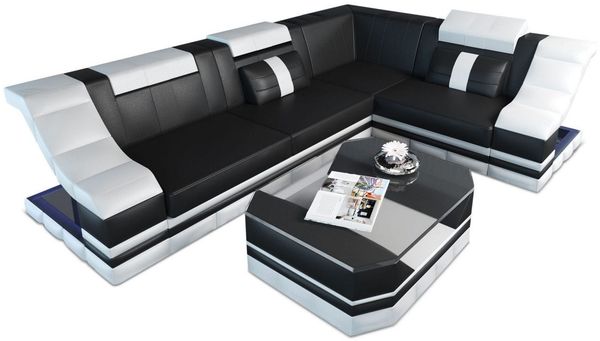Couch Bianchi L Form in Leder - Büffelleder - schwarz-weiß - Rechts