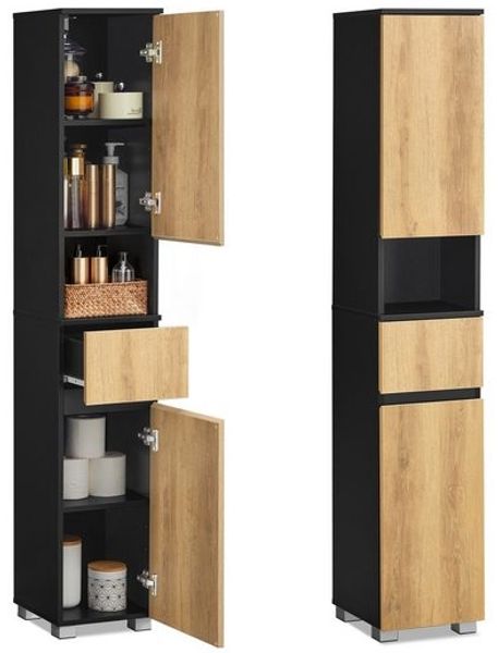 VASAGLE Badschrank, Badezimmermöbel mit Schublade, verstellbare Ablagen, offenes Fach, 30 x 30 x 170,2 cm, schwarz-braun