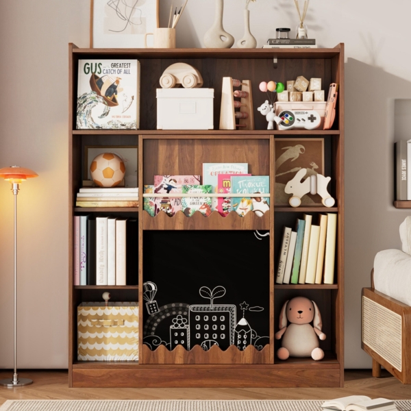 Bücherregal mit 4-stufiges Bücherregal mit 9 Fächern und integrierter Maltafel,Aufbewahrungsregal mit Anti-Kipp-Sicherung