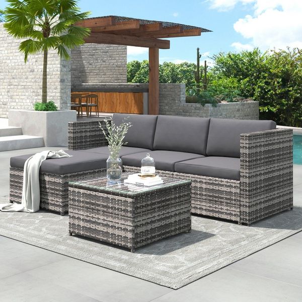 Merax Gartenlounge-Set 5-teilig Gartenmöbel Set aus Polyrattan für 4 Personen, (5-tlg), Sitzgruppe Balkonset mit Kissen, Couch-Set für Garten, Terrasse