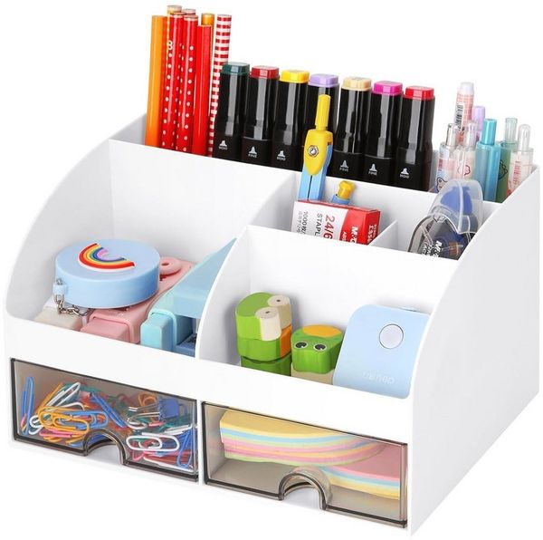TUWENA Schreibtisch Schreibtisch Organizer Stiftehalter Stifte Organise mit 2 Schubladen, Multifunktionaler Stifteköcher für Büro Zuhause Schule Kinder 8 Fächer