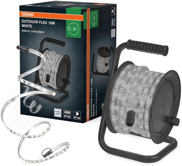 Osram Outdoor Flex LED Streifen 10M IP65, kaltweiß, bis 50 m erweiterbar, inkl. Kabeltrommel, Montagezubehör, Anschlusskabel