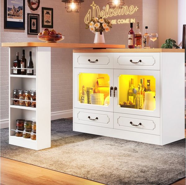 Flieks Bartisch 360° drehbar Stehtisch & Kommode mit Led-Beleuchtung und 4 Schubladen (Holzoptik Arbeitsplatte Länge 135-203 cm, 2-St, 2er Set), schwenkbar Esstisch mit Sideboard Küchenschrank Weiß