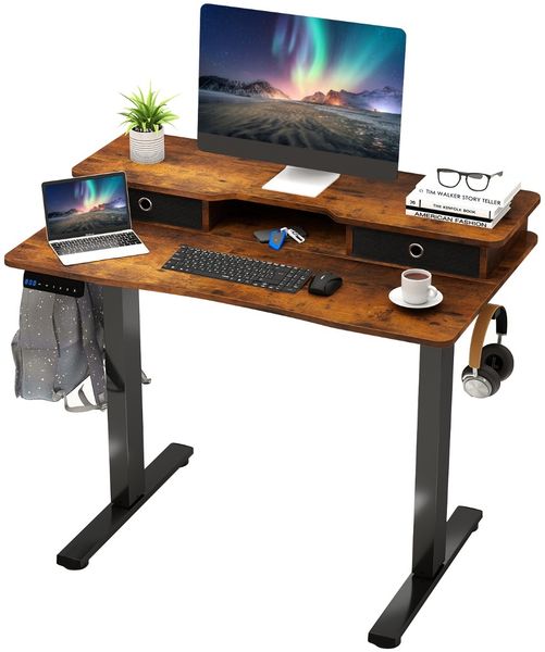 Schreibtisch höhenverstellbar elektrischer Computertisch Stehschreibtisch mit Monitorständer 100 x 60 cm Braun
