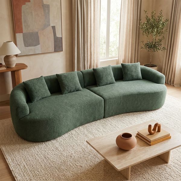 skølm 'Loki' Sofa 4 Sitzer, Vollschaumcouch mit Federkern und Vakuum-Kompression, kein Aufbau erforderlich, mit 4 Kissen, Teddy-Bouclé Stoff dunkelgrün